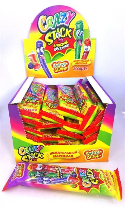 Жевательный мармелад в кислой обсыпке «CRAZY GUMMY. CRAZY STICK» ассорти 20 гр. 24 шт. уп. 01804