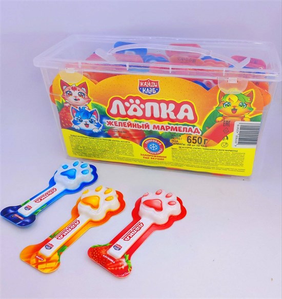 Желейный мармелад на палочке "Лапка" ассорти 13 гр. 50 шт. уп. (МОЖНО ЗАМОРАЖИВАТЬ) 02568